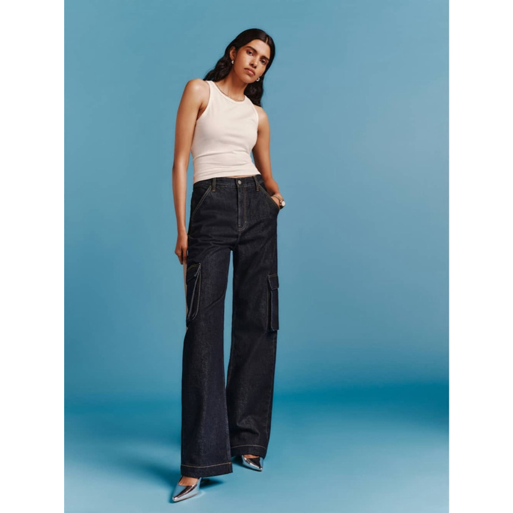 Reformation Dark Indigo Wide-Leg Cargo Jeans